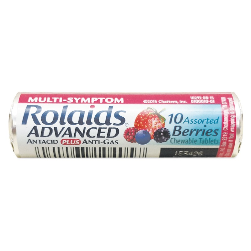 Advanced Antacid Plus Anti-Gas Tablets, Assorted Berries, 10/roll, 12 Roll/box