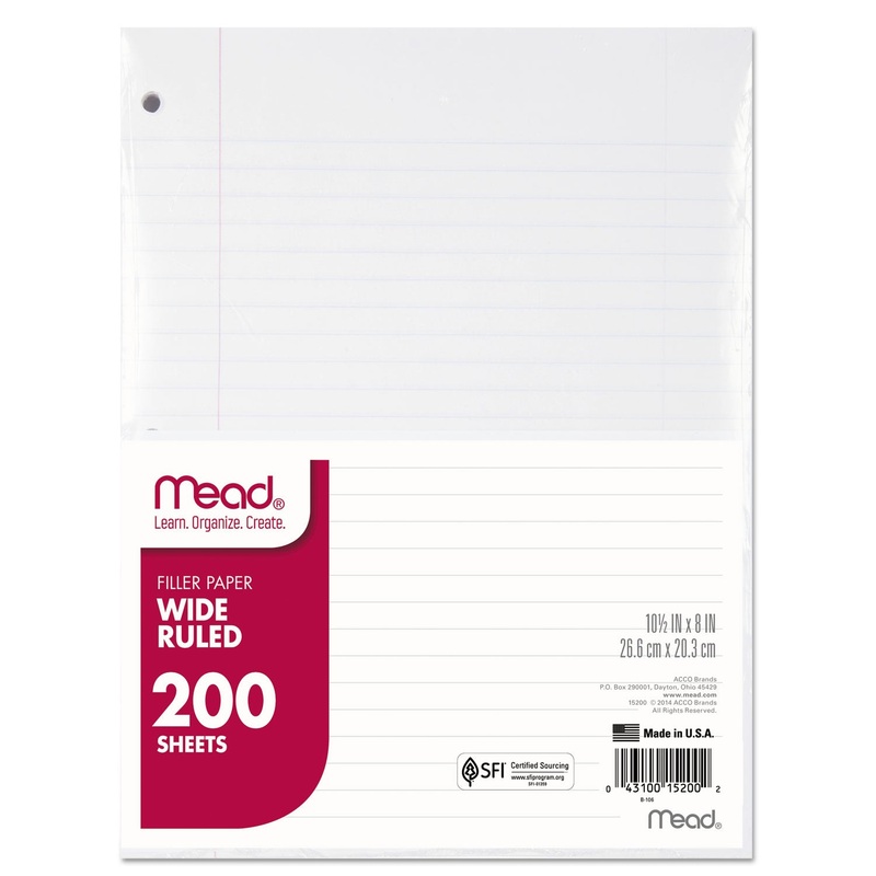 FILLER PAPER, 3-HOLE, 8 X 10.5, WIDE/LEGAL RULE, 200/PACK