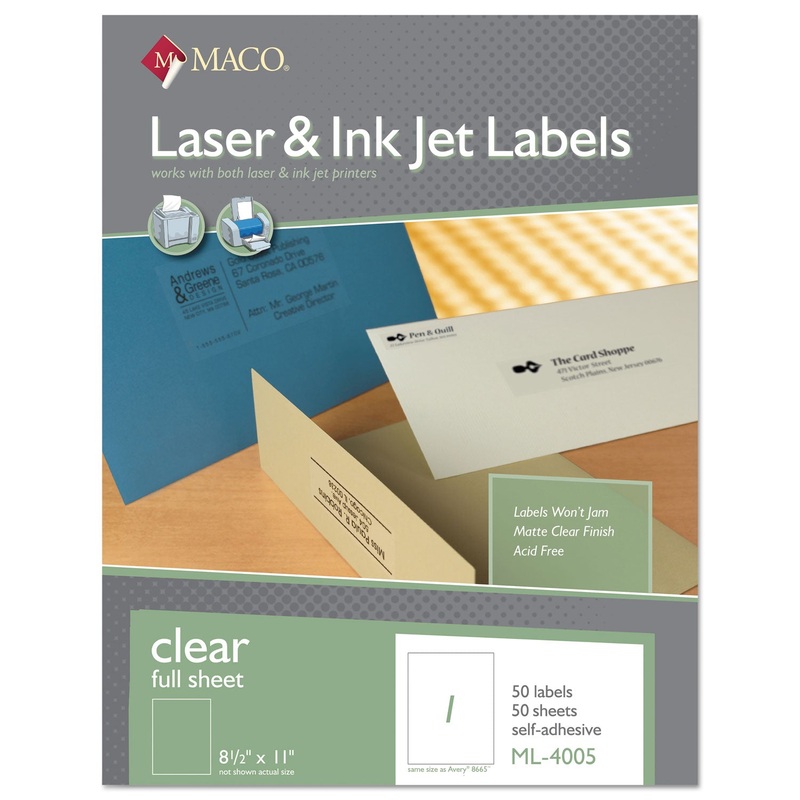 LASER/INKJET MATTE CLEAR FULL SHEET LABELS, INKJET/LASER PRINTERS, 8.5 X 11, CLEAR, 50/BOX