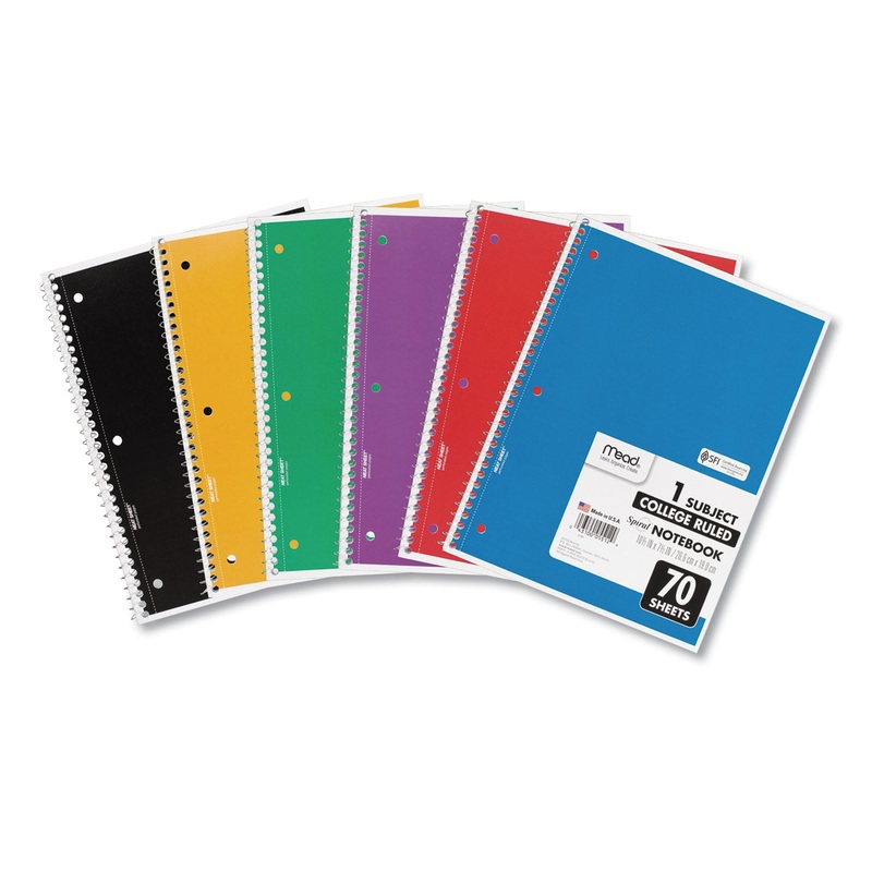SPIRAL NOTEBOOK, 1 SUBJECT, MEDIUM/COLLEGE RULE, ASSORTED COLOR COVERS, 10.5 X 8, 70 SHEETS, 6/PACK
