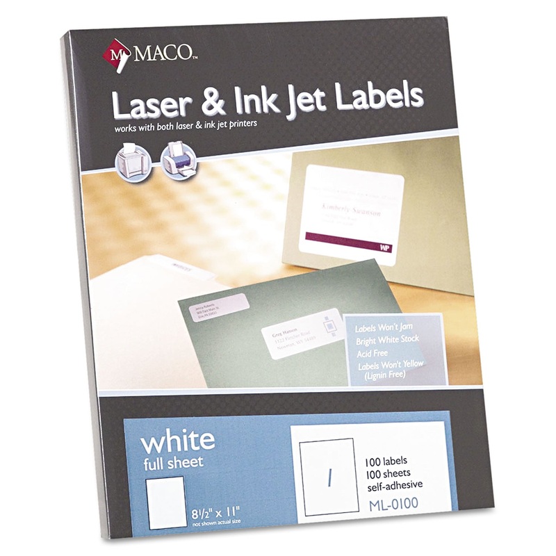 WHITE LASER/INKJET FULL-SHEET IDENTIFICATION LABELS, INKJET/LASER PRINTERS, 8.5 X 11, WHITE, 100/BOX