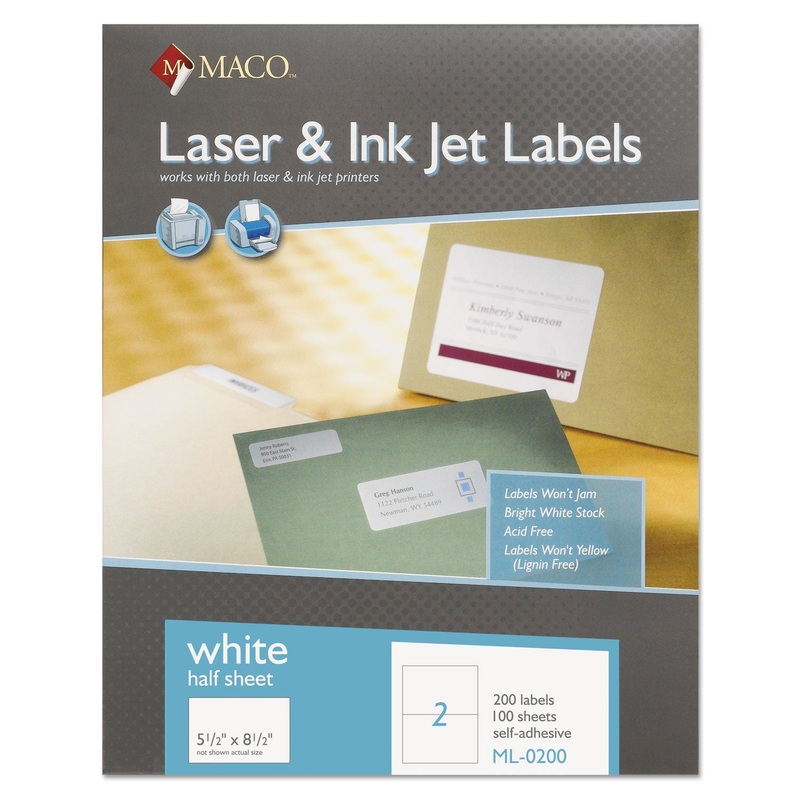 WHITE LASER/INKJET INTERNET SHIPPING LABELS, INKJET/LASER PRINTERS, 5.5 X 8.5, WHITE, 2/SHEET, 100 SHEETS/BOX