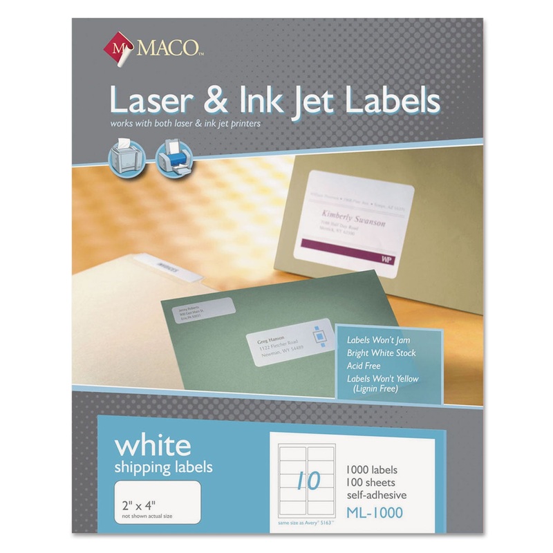 WHITE LASER/INKJET SHIPPING AND ADDRESS LABELS, INKJET/LASER PRINTERS, 2 X 4, WHITE, 10/SHEET, 100 SHEETS/BOX