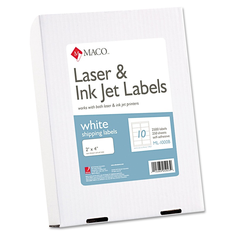 WHITE LASER/INKJET SHIPPING AND ADDRESS LABELS, INKJET/LASER PRINTERS, 2 X 4, WHITE, 10/SHEET, 250 SHEETS/BOX