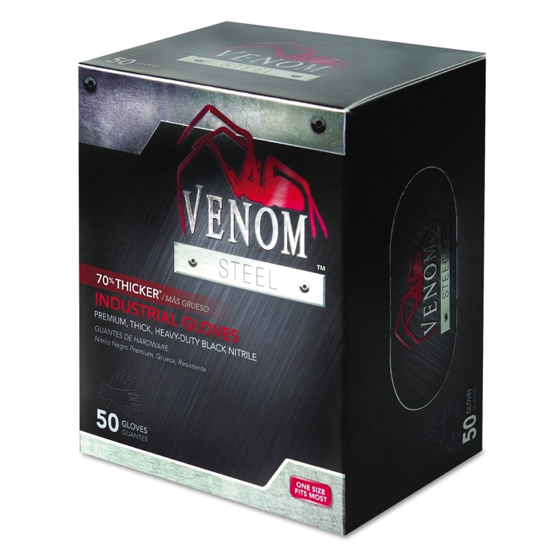 VENOM STEEL INDUSTRIAL NITRILE GLOVES, LARGE, BLACK, POWDER-FREE, 50/BOX