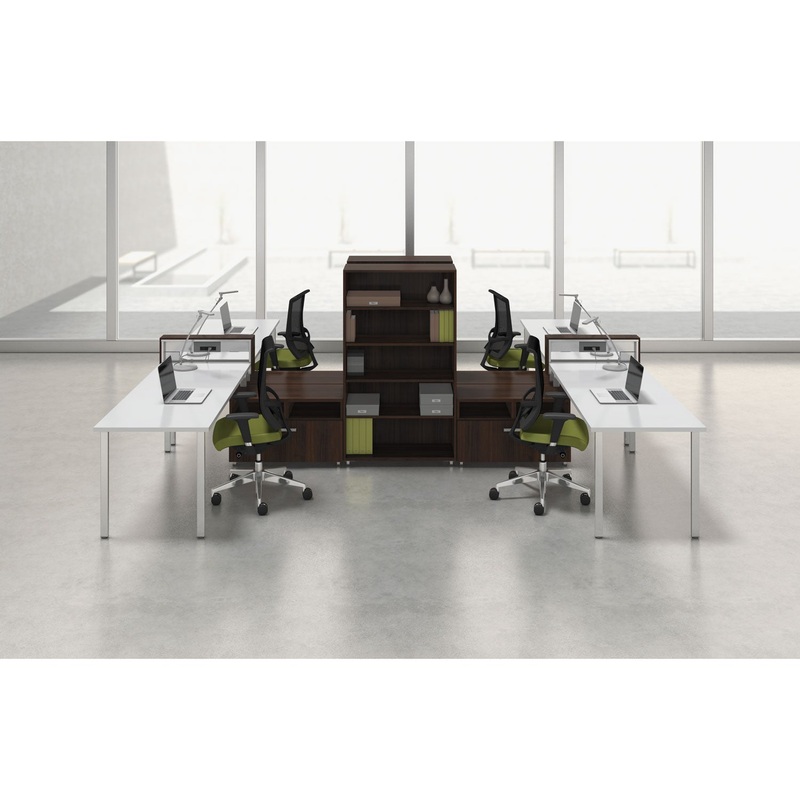 E5 TWO-PERSON WORKSTATION WITH BELTWAY, 123.5W X 73D X 29.5H, WHITE/WALNUT