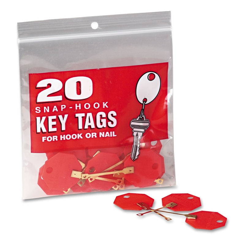 Snap-Hook Self-Locking Octagonal Plastid Key Tags, 1 1/4″ Diameter, Red, 20/pack
