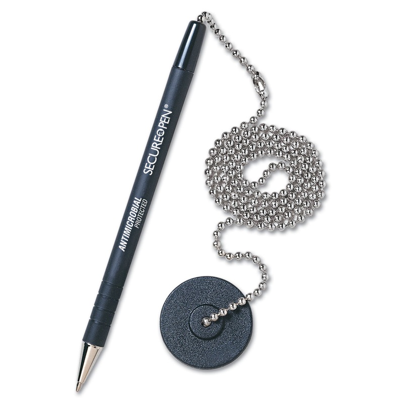 SECURE-A-PEN ANTIMICROBIAL BALLPOINT COUNTER PEN KIT WITH ROUND BASE AND 24″ BALL CHAIN, 1MM, BLACK INK/BARREL