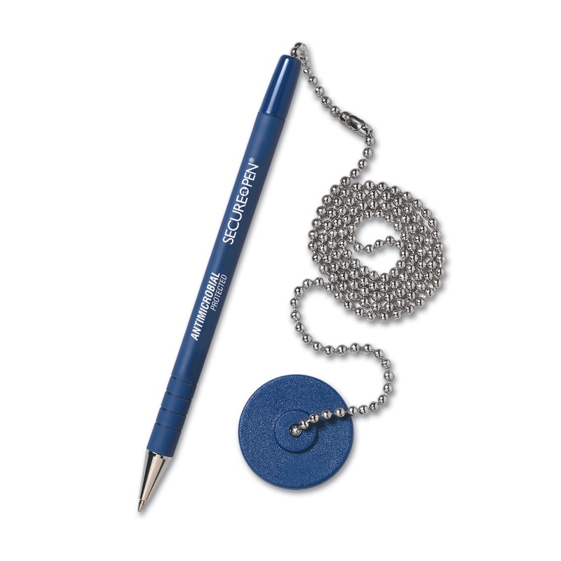 SECURE-A-PEN ANTIMICROBIAL BALLPOINT COUNTER PEN KIT WITH ROUND BASE AND 24″ BALL CHAIN, 1MM, BLUE INK/BARREL