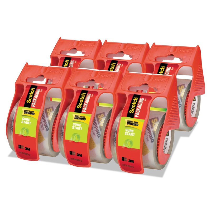 SURE START PACKAGING TAPE WITH DISPENSER, 1.5″ CORE, 1.88″ X 22.2 YDS, CLEAR, 6/PACK