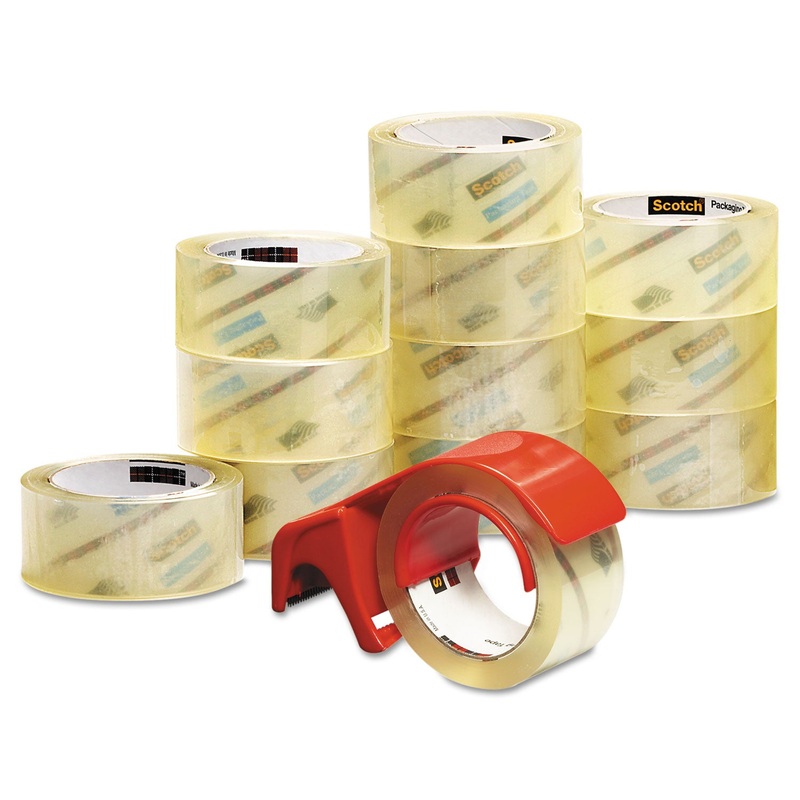 3750 COMMERCIAL GRADE PACKAGING TAPE WITH DP300 DISPENSER, 3″ CORE, 1.88″ X 54.6 YDS, CLEAR, 12/PACK