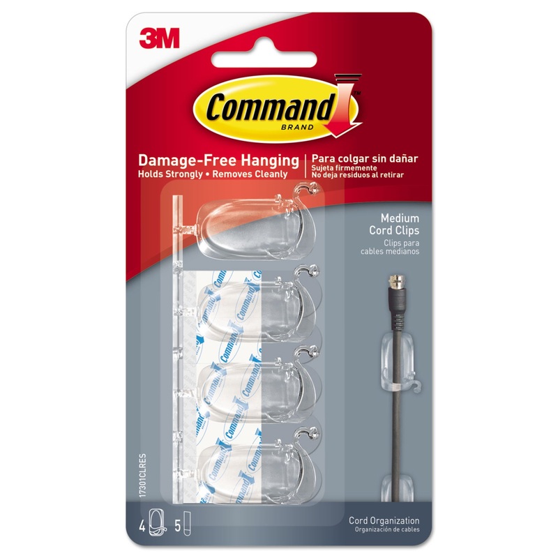 CORD CLIP, MEDIUM, WITH ADHESIVE, 0.63″W, CLEAR, 4/PACK