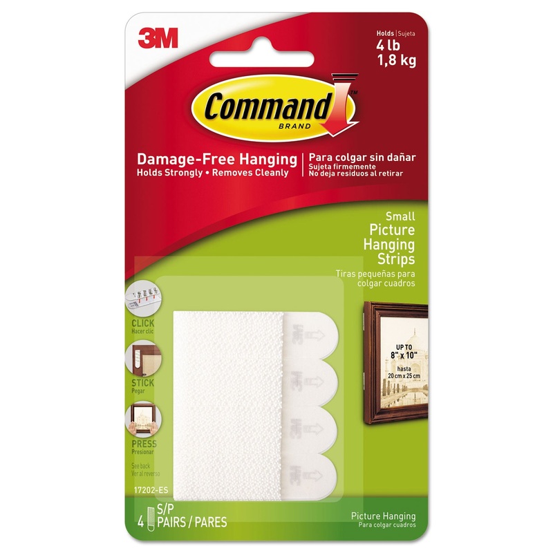 PICTURE HANGING STRIPS, REMOVABLE, 0.63″ X 2.13″, WHITE, 4 PAIRS/PACK