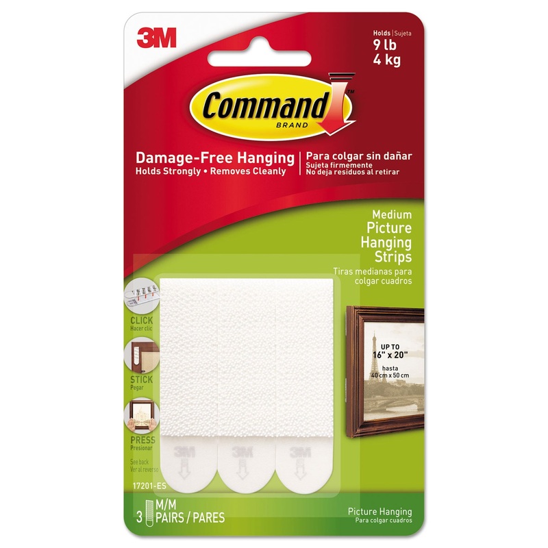 PICTURE HANGING STRIPS, REMOVABLE, 0.75″ X 2.75″, WHITE, 3 PAIRS/PACK