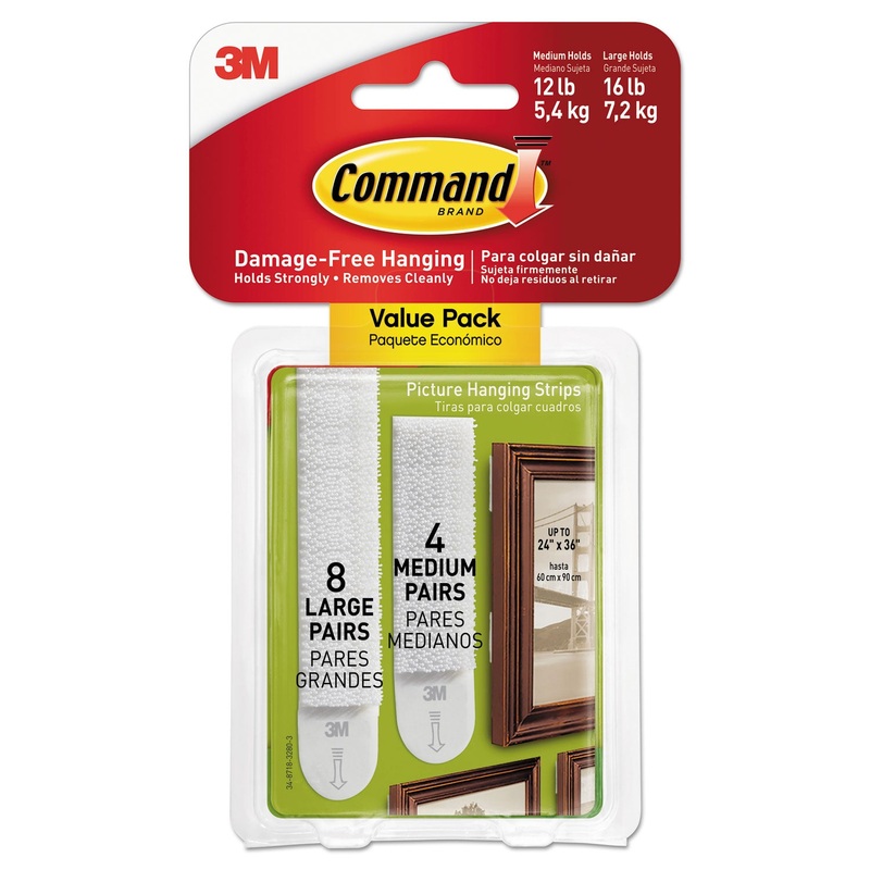 PICTURE HANGING STRIPS, VALUE PACK, REMOVABLE, WHITE, (8) LARGE 0.63″ X 3.63″ PAIRS, (4) MEDIUM 0.5″ X 2.75″ PAIRS