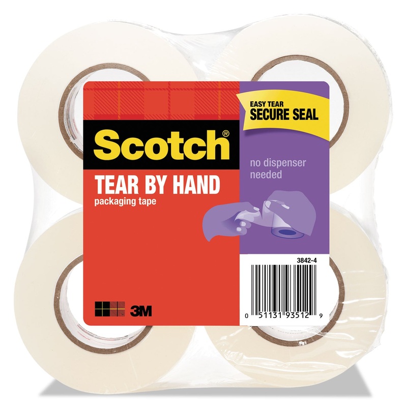 TEAR-BY-HAND PACKAGING TAPES, 1.5″ CORE, 1.88″ X 50 YDS, CLEAR, 4/PACK