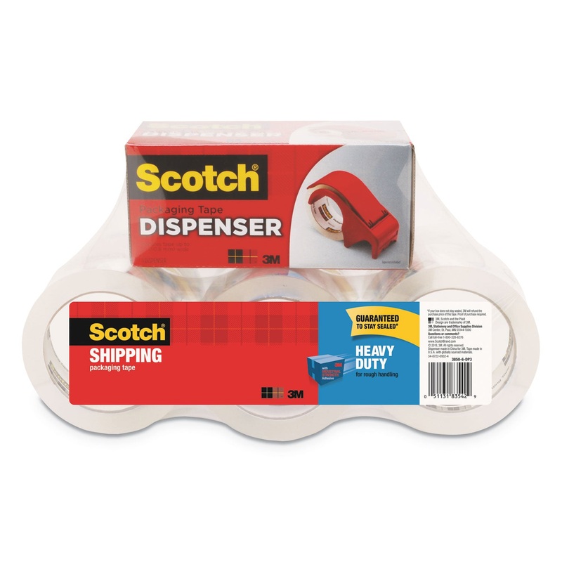 3850 HEAVY-DUTY PACKAGING TAPE WITH DP300 DISPENSER, 3″ CORE, 1.88″ X 54.6 YDS, CLEAR, 6/PACK