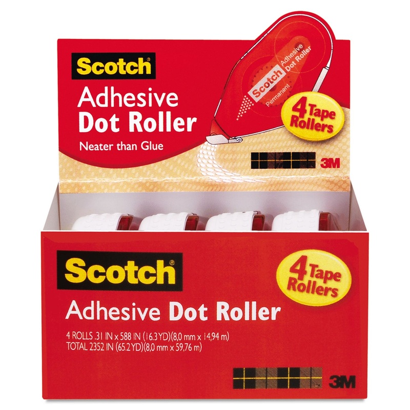 DOUBLE-SIDED ADHESIVE ROLLER, 0.3″ X 49 FT, DRIES CLEAR, 4/PACK