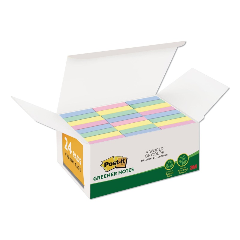 RECYCLED NOTE PADS, 1 3/8 X 1 7/8, PLAIN, ASSORTED HELSINKI COLORS, 100-SHEET, 24/PACK