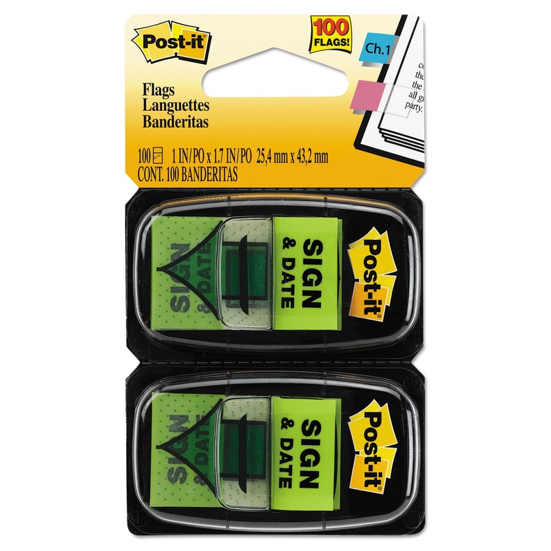 Arrow Message 1″ Page Flags, “sign And Date”, Green, 2 50-Flag Dispensers/pack