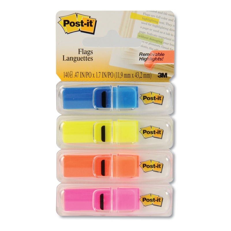 Highlighting Page Flags, 4 Bright Colors, 4 Dispensers, 1/2″ X 1 3/4″, 35/color