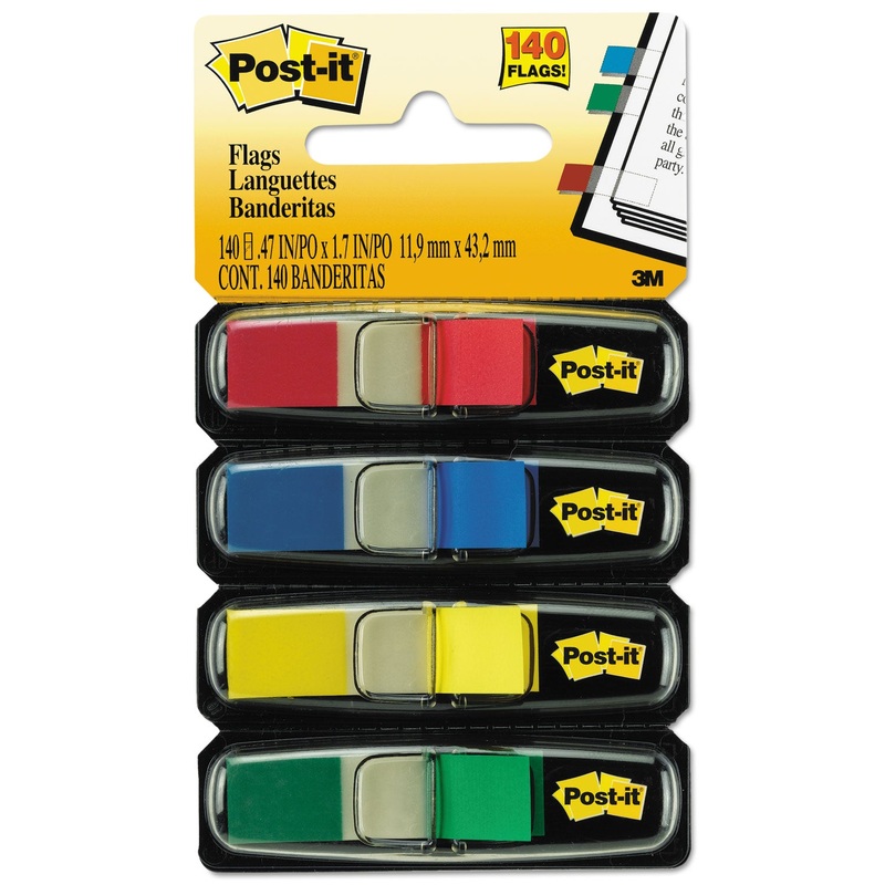 SMALL PAGE FLAGS IN DISPENSERS, 0.5″ X 1.75″, ASSORTED PRIMARY, 35/COLOR, 4 DISPENSERS/PACK