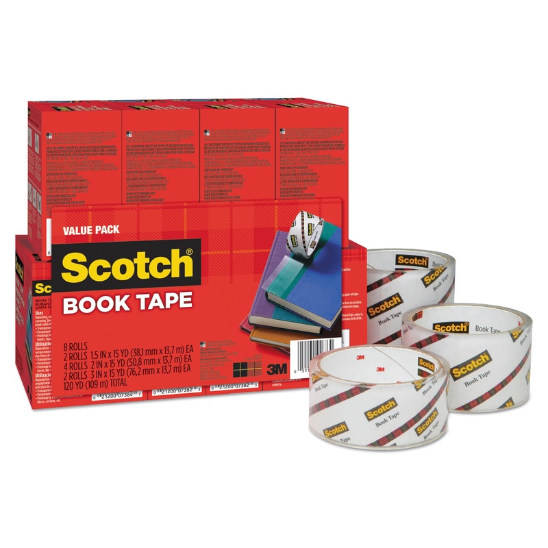 BOOK TAPE VALUE PACK, 3″ CORE, (2) 1.5″ X 15 YDS, (4) 2″ X 15 YDS, (2) 3″ X 15 YDS, CLEAR, 8/PACK