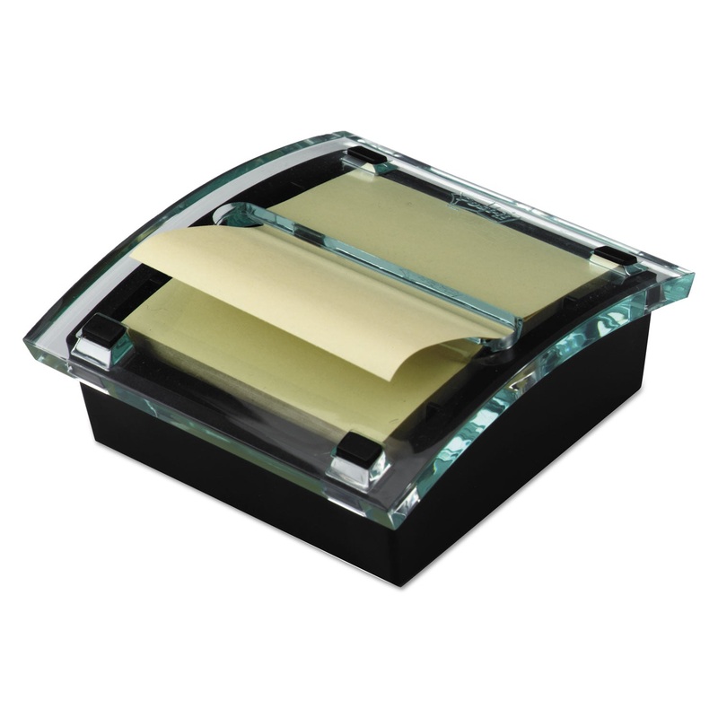 CLEAR TOP POP-UP NOTE DISPENSER, 3 X 3 SUPER STICKY CANARY NOTES, BLACK