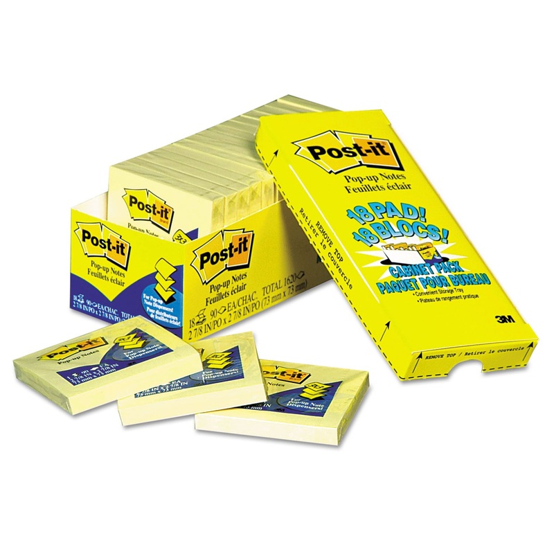 Original Canary Yellow Pop-Up Refill Cabinet Pack, 3 X 3, 90-Sheet, 18/pack