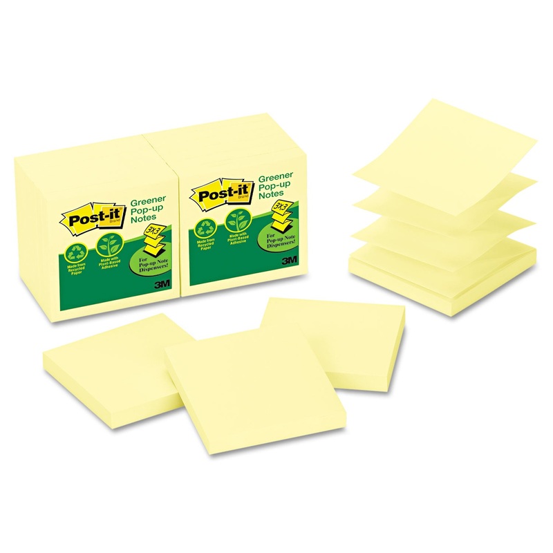 Recycled Pop-Up Notes, 3 X 3, Canary Yellow, 100-Sheet, 12/pack