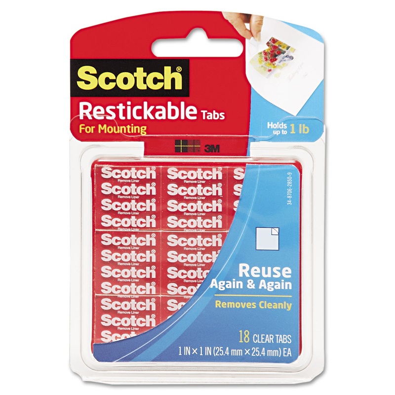 Restickable Mounting Tabs, 1″ X 1″, 18/pack