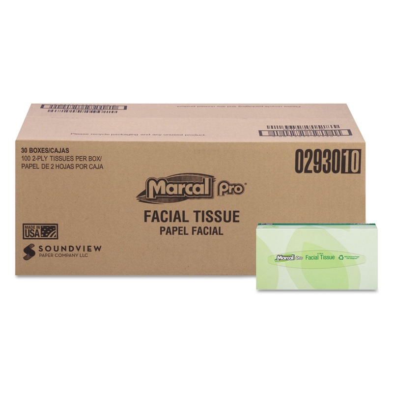 100% RECYCLED CONVENIENCE PACK FACIAL TISSUE, SEPTIC SAFE, 2-PLY, WHITE, 100 SHEETS/BOX, 30 BOXES/CARTON