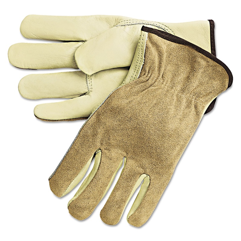 Dual Leather Industrial Gloves, Cream, Large, 12 Pairs