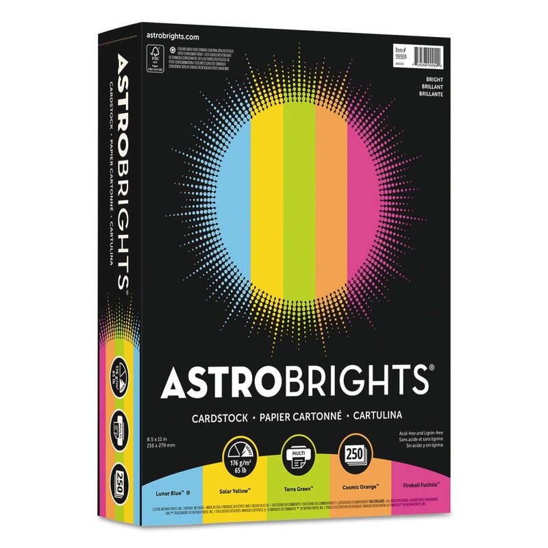 COLOR CARDSTOCK -“BRIGHT” ASSORTMENT, 65LB, 8.5 X 11, ASSORTED, 250/PACK