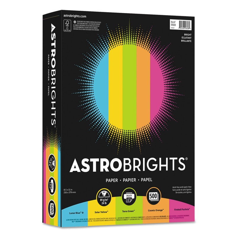 COLOR PAPER -“BRIGHT” ASSORTMENT, 24LB, 8.5 X 11, ASSORTED BRIGHT COLORS, 500/REAM