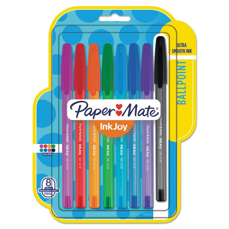 INKJOY 100 STICK BALLPOINT PEN, MEDIUM 1MM, ASSORTED INK/BARREL, 8/SET