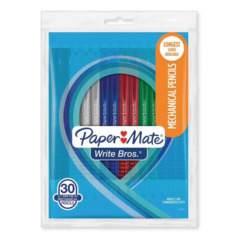 WRITE BROS MECHANICAL PENCIL, 0.7 MM, HB (#2.5), BLACK LEAD, ASSORTED BARREL COLORS, 30/PACK
