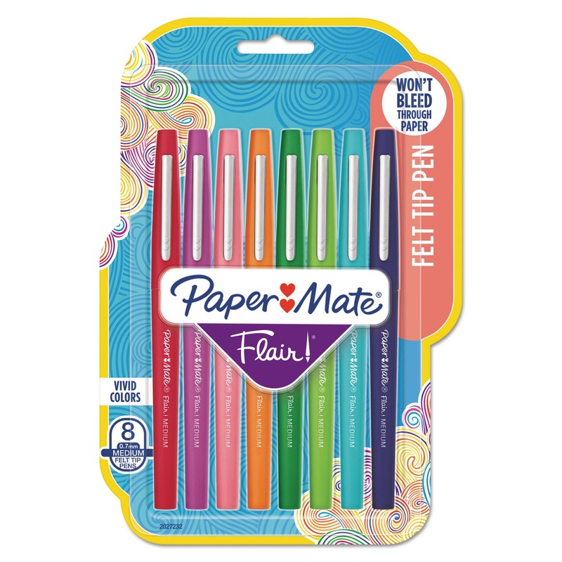 FLAIR FELT TIP STICK POROUS POINT MARKER PEN, 0.7MM, ASSORTED INK/BARREL, 8/PACK