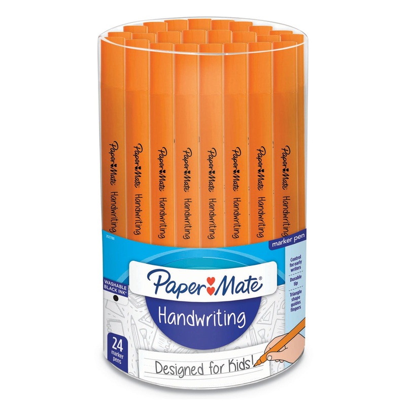 HANDWRITING TRIANGULAR PLASTIC POINT PEN, 0.7MM, BLACK INK, ORANGE BARREL, 24/PACK