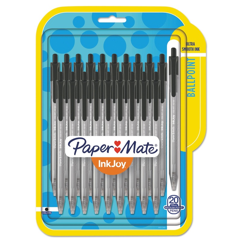 INKJOY 100 RT RETRACTABLE BALLPOINT PEN, MEDIUM 1MM, BLACK INK/BARREL, 20/PACK