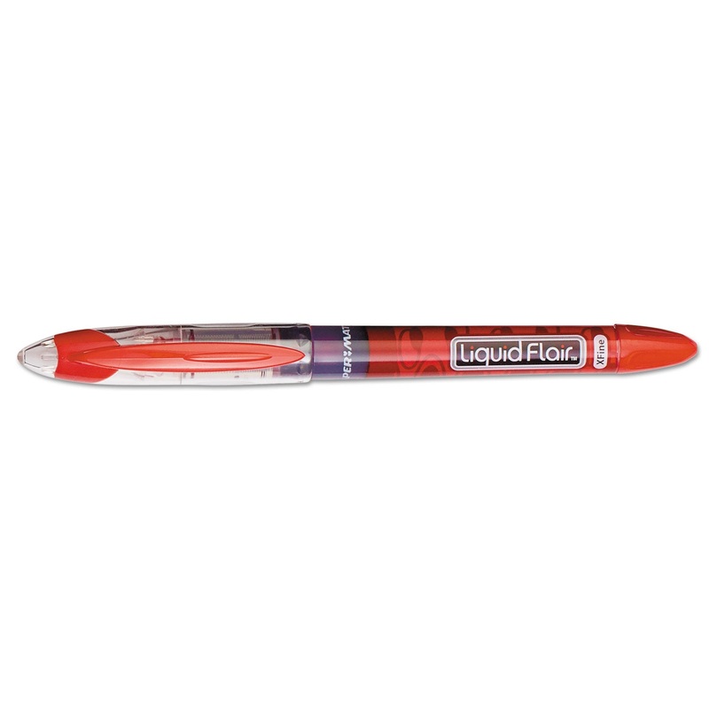 LIQUID FLAIR STICK POROUS POINT MARKER PEN, 0.4MM, RED INK, GRAY/RED BARREL, DOZEN