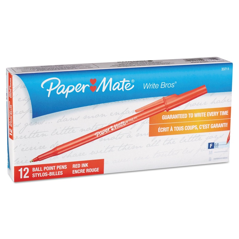 WRITE BROS. STICK BALLPOINT PEN, FINE 0.8MM, RED INK/BARREL, DOZEN