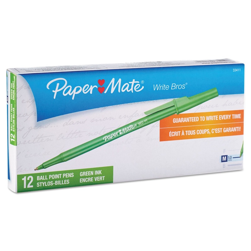 WRITE BROS. STICK BALLPOINT PEN, MEDIUM 1MM, GREEN INK/BARREL, DOZEN