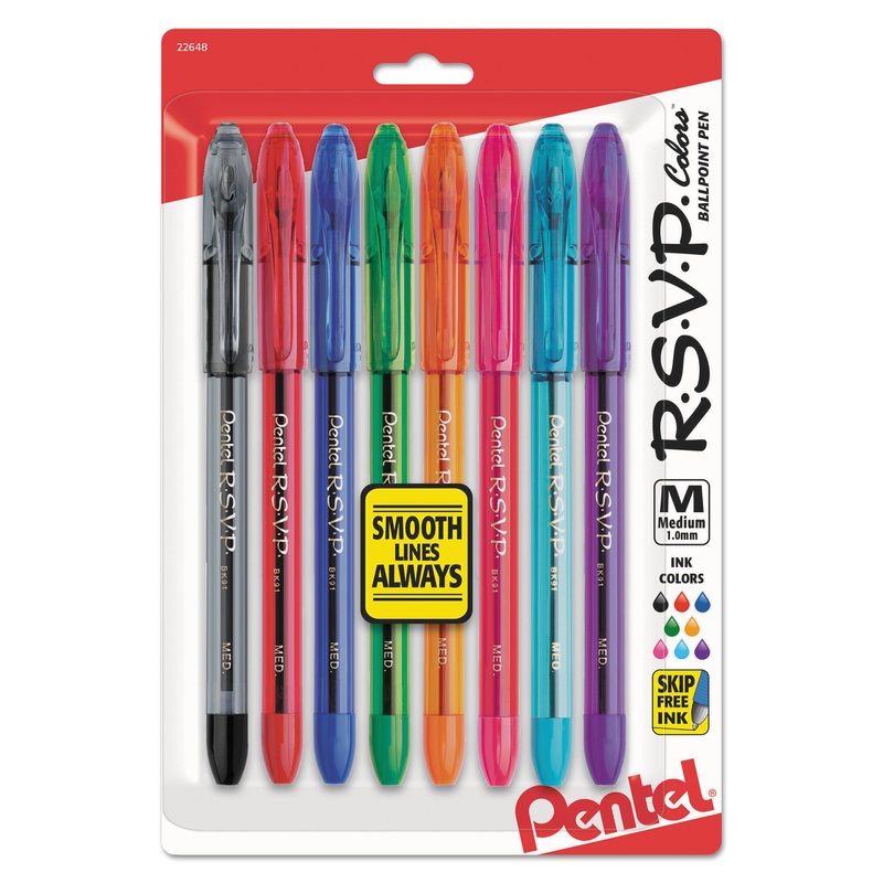 R.S.V.P. STICK BALLPOINT PEN, MEDIUM 1MM, ASSORTED INK/BARREL, 8/PACK
