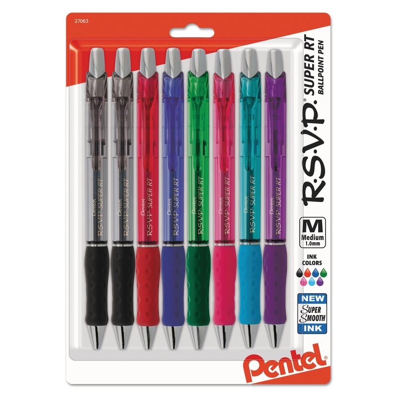 R.S.V.P. SUPER RT RETRACTABLE BALLPOINT PEN, 1MM, ASSORTED INK/BARREL, 8/PACK
