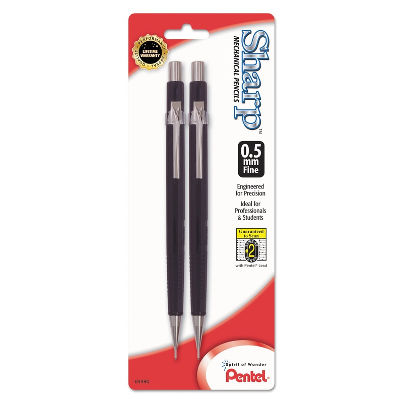 SHARP MECHANICAL PENCIL, 0.5 MM, HB (#2.5), BLACK LEAD, BLACK BARREL, 2/PACK