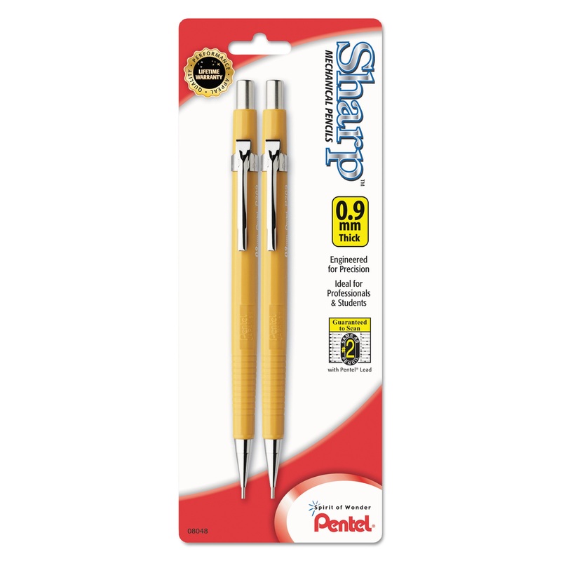 SHARP MECHANICAL PENCIL, 0.9 MM, HB (#2.5), BLACK LEAD, YELLOW BARREL, 2/PACK