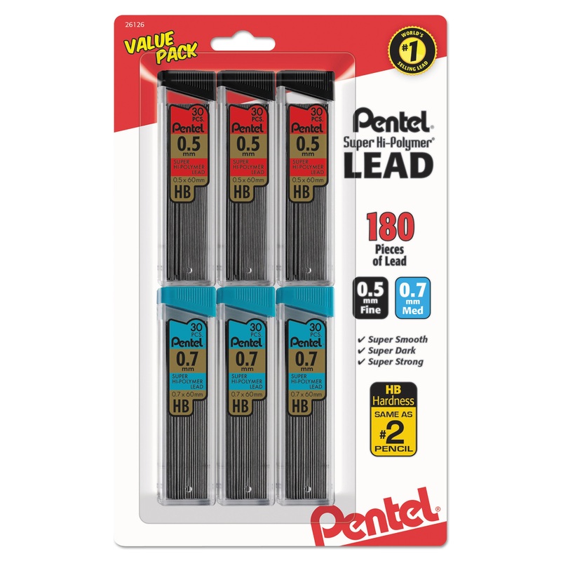 SUPER HI-POLYMER LEAD REFILL VALUE PACK, 0.5 MM; 0.7MM, HB, BLACK, 30/TUBE, 6 TUBES/PACK