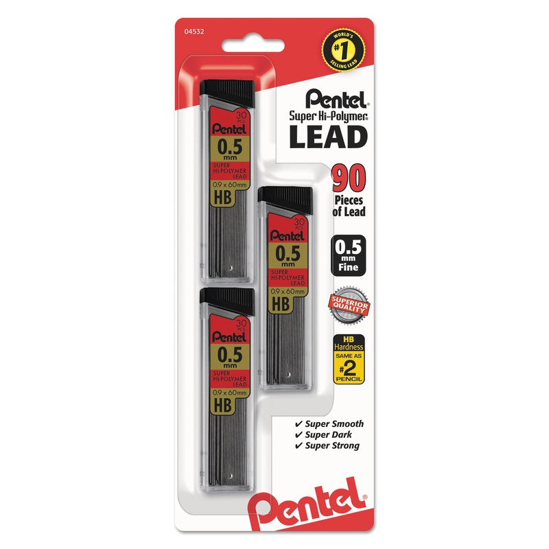SUPER HI-POLYMER LEAD REFILLS, 0.5 MM, HB, BLACK, 30/TUBE, 3 TUBES/PACK