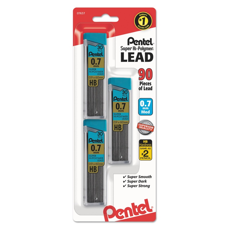 SUPER HI-POLYMER LEAD REFILLS, 0.7 MM, HB, BLACK, 30/TUBE, 3 TUBES/PACK